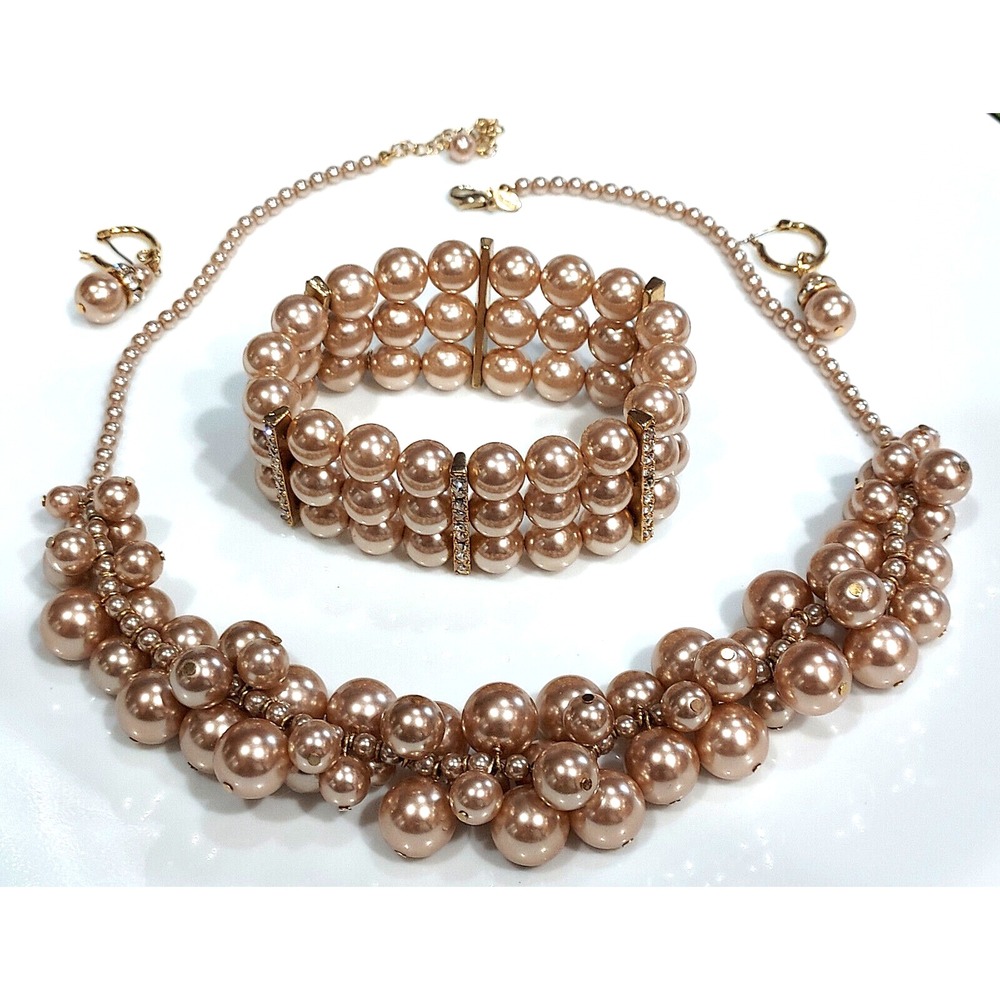 RMN Glass Pearl Necklace, Bracelet, Earrings Set